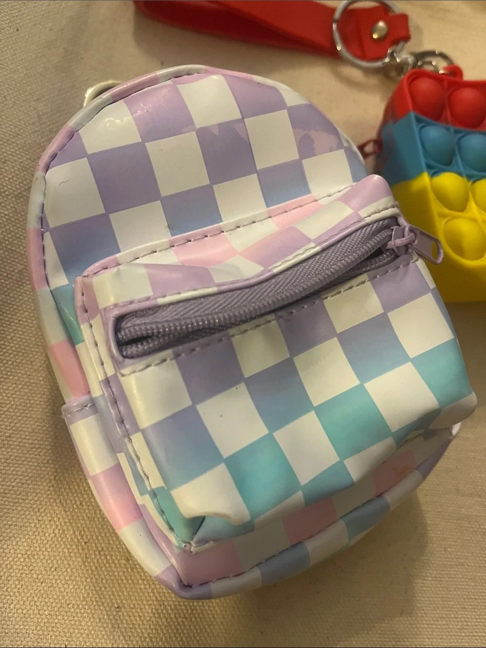 Kids Multicolor Checker Mini Backpack Keychain with Rainbow Pop-It Fidget 2pc 98